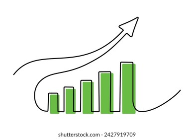 One continuous line drawing of graph icon isolated on white background vector illustration. Growing graph, chart image with arrow up. Single line vector illustration.