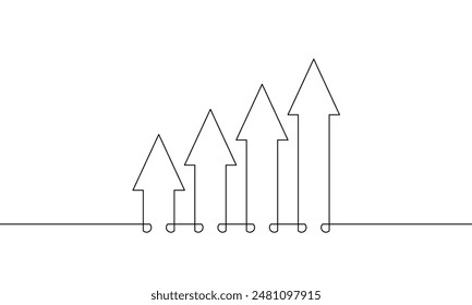 One continuous line drawing of graph. Arrow up in single line art. Illustration vector of bar chart. Increasing arrow sign symbol. Business growth icon