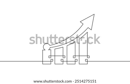 One continuous line drawing of graph with arrow. illustration vector of bar chart. Single line art of increasing arrow up. Business growth icon