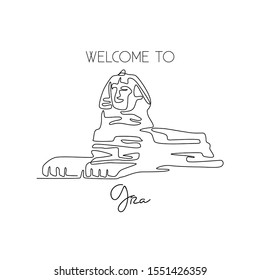 One continuous line drawing of Great Sphinx. Historical tomb iconic place in Giza, Egypt. Holiday vacation home wall decor art poster print concept. Modern single line draw design vector illustration