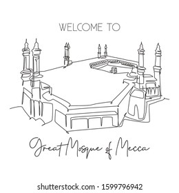 One continuous line drawing great mosque of masjid al haram landmark. Famous place in Mecca, Saudi Arabia. Hajj umrah wall decor poster art concept. Trendy single line draw design vector illustration