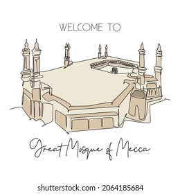 One continuous line drawing great mosque of masjid al haram landmark. Famous place in Mecca, Saudi Arabia. Hajj umrah wall decor poster art concept. Trendy single line draw design vector illustration