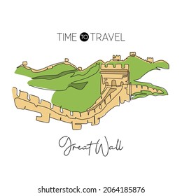 One continuous line drawing Great Wall of Badaling landmark. World famous place in Beijing, China. Holiday home decor wall art poster print concept. Modern single line draw design vector illustration