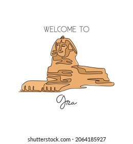 One continuous line drawing of Great Sphinx. Historical tomb iconic place in Giza, Egypt. Holiday vacation home wall decor art poster print concept. Modern single line draw design vector illustration