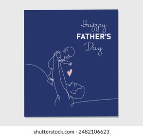 One continuous line drawing greeting card for Happy Father Day. Vector illustration hugs of a father with a child on blue background