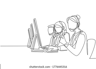 One Continuous Line Drawing Group Of Male And Female Telemarketing Team Members Calling New Customers To Offer New Product. Online Sales Agent Concept Single Line Draw Design Vector Illustration