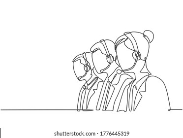 One continuous line drawing group of male and female telemarketing team member calling new customer to offer new house cleaning product. Sales agent concept single line draw design vector illustration