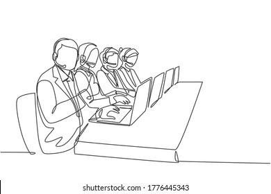 One continuous line drawing group of male and female telemarketing team calling prospective client to offer product. Sales marketing care worker concept single line draw design vector illustration