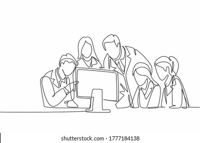 One continuous line drawing group of male and female doctor discus while watching patient health medical report on computer. Hospital health care concept single line draw design vector illustration