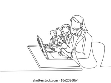 One continuous line drawing group of male and female call center team members answer complain phone call from clients kindly. Customer service concept single line draw design vector illustration