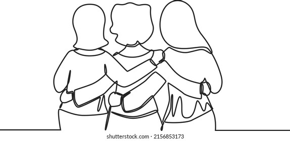 One continuous line drawing of group of women standing together showing their friendship. Friendship day. Single line draw design vector graphic illustration.