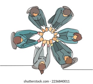 One continuous line drawing group of young male female business people unite their hands together to form circle shape symbol, top view. Teamwork concept single line draw design vector illustration