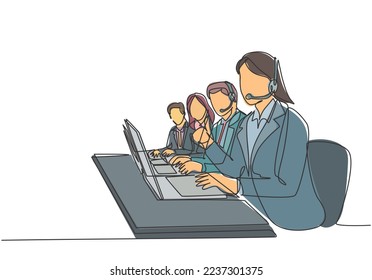 One continuous line drawing group of male and female call center team members answer complain phone call from clients kindly. Customer service concept single line draw design vector illustration