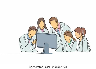 One continuous line drawing group of male and female doctor discus while watching patient health medical report on computer. Hospital health care concept single line draw design vector illustration svg