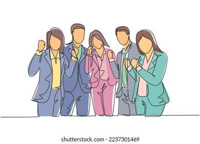 Un grupo continuo de hombres de negocios y mujeres de negocios se alinean bien y se ponen manos a la obra. Concepto de celebración del trabajo en equipo de negocios diseño de tracción de línea única ilustración vectorial