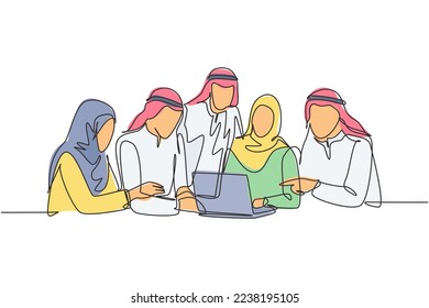 Un grupo de dibujo continuo de jóvenes gerentes de marketing musulmán habla de estrategia para aumentar las ventas de productos. Candura de ropa islámica, pañuelo, hijab. Ilustración vectorial de diseño de líneas simples