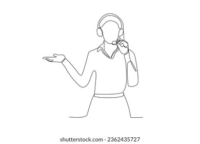 One continuous line drawing group of female customer service is helping customers
