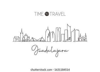 One continuous line drawing Guadalajara city skyline, Mexico. Beautiful landmark postcard. World landscape tourism travel vacation. Editable stylish stroke single line draw design vector illustration