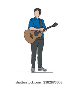 One continuous line drawing of guitarist vector illustration. Guitarist illustration simple linear style vector concept. Music player design suitable for your asset design.