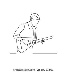 Eine durchgehende Linienzeichnung der gitarristischen Vektorgrafik. Gitarristisches Design in einfachem, kontinuierlichem, linearem Vektorkonzept. Gitarrendesign für pädagogische Präsentation und geschäftliche Zwecke.