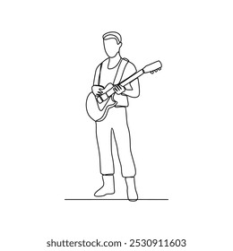 Eine durchgehende Linienzeichnung der gitarristischen Vektorgrafik. Gitarristisches Design in einfachem, kontinuierlichem, linearem Vektorkonzept. Gitarrendesign für pädagogische Präsentation und geschäftliche Zwecke.