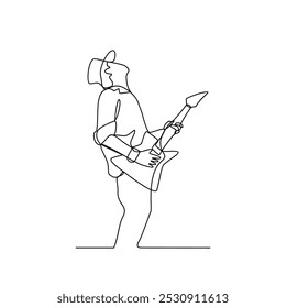 Eine durchgehende Linienzeichnung der gitarristischen Vektorgrafik. Gitarristisches Design in einfachem, kontinuierlichem, linearem Vektorkonzept. Gitarrendesign für pädagogische Präsentation und geschäftliche Zwecke.