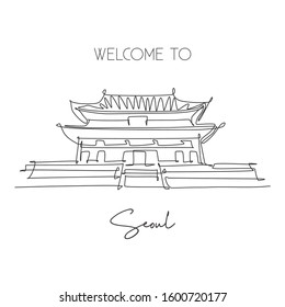 One continuous line drawing Gyeongbokgung Palace landmark. Old ancient castle in Seoul, South Korea. Holiday vacation wall decor poster art concept. Modern single line draw design vector illustration