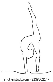 One continuous line drawing of gymnast girl. Silhouette girl engaged in gymnastics. Floor exercise performer in leotard. Modern Dynamic single continuous line draw design vector illustration