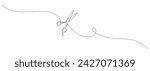 One continuous line drawing of hair scissors. Minimalistic web banner and modern logo of barber shop and hairdressing salon in simple linear style. Editable stroke. Doodle outline vector illustration