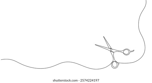 One continuous line drawing of hair scissors. Modern design for hair salon or barber shop symbol. Editable stroke. Vector Illustration.