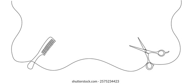 One continuous line drawing of hair scissors and comb. Modern design for hair salon or hair salon logo. Editable stroke. Vector illustration.