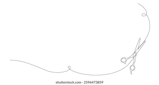 One continuous line drawing of Hair scissors. Single line drawing of concept for barber haircut beauty salon. Regular scissors. Design vector element for flyer, banner, card, coupon. Editable stroke