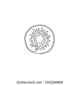 One continuous line drawing half sliced healthy organic for orchard logo identity  Fresh round tropical fruits concept for fruit garden icon  Modern single line draw graphic design vector illustration
