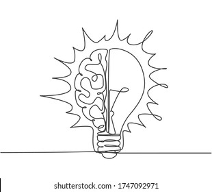 One Continuous Line Drawing Of Half Human Brain And Half Light Bulb Logo Emblem. Genius Psychological Logotype Icon Template Concept. Modern Single Line Draw Graphic Design Vector Illustration