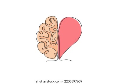 One continuous line drawing half human brain   love heart shape logo icon  Psychological split affection logotype symbol template concept  Trendy single line draw design vector illustration