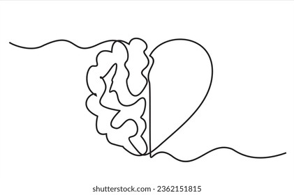 One continuous line drawing half human brain   love heart shape logo icon  Psychological split affection logotype symbol template concept  Trendy single line draw design vector illustration