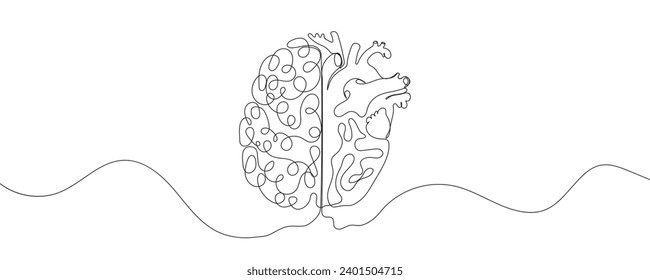 One continuous line drawing of half of a human brain and a human heart. Psychological separation of attachment logo template concept. one line drawing vector illustration