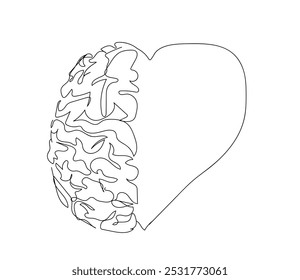 Un dibujo de línea continua de la mitad del cerebro humano y el icono del logotipo de la forma del corazón del amor. Concepto de Plantilla de símbolo de logotipo de afecto dividido psicológico. Vector hecho a mano, no IA.