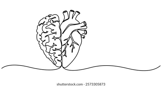 One continuous line drawing of half human brain and love heart shape logo icon. Psychological split affection logotype symbol template concept. Trendy single line draw design vector illustration.