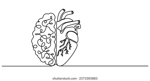 One continuous line drawing of half human brain and love heart shape logo icon. Psychological split affection logotype symbol template concept. Trendy single line draw design vector illustration.