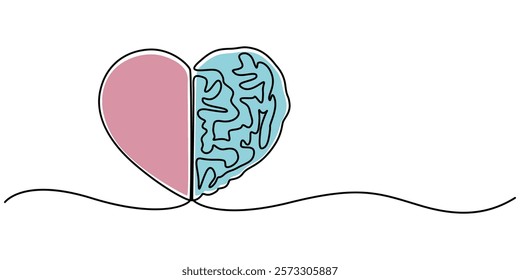 One continuous line drawing of half human brain and love heart shape logo icon. Psychological split affection logotype symbol template concept. Trendy single line draw design vector illustration.