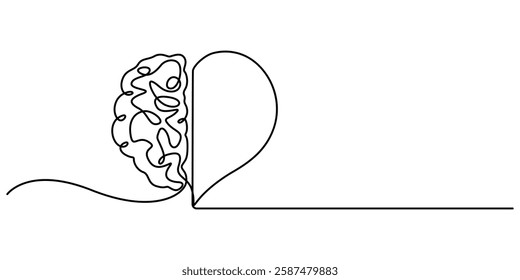 One continuous line drawing of half of a human brain and love in the shape of a heart logo icon. Philosophical of love and reason. Vector graphics post, One line drawing of half of a human brain style