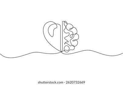 One continuous line drawing of half human brain and love heart shape logo icon, Vector graphics post, One line drawing of half of a human brain style.