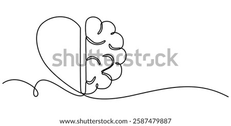 One continuous line drawing of half of a human brain and love in the shape of a heart logo icon. Philosophical of love and reason. Vector graphics post, One line drawing of half of a human brain style