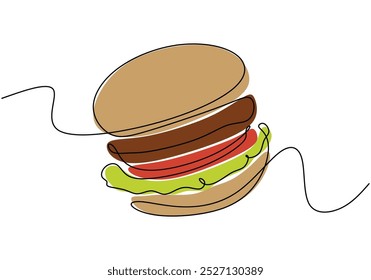 Um desenho em linha contínua de um hambúrguer. Design minimalista para hambúrgueres e temas de refeições. Ilustração à mão simplificada para arte culinária.