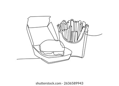 One continuous line drawing of hamburger and french fries, fast food menu concept