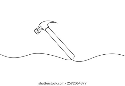 One continuous line drawing of hammer. Single line of hammer vector illustration, Hammer outline modern illustration. One line drawing of isolated vector object hammer.