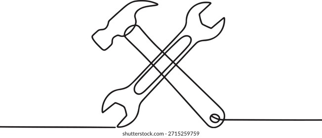 Un martillo de dibujo de línea continua y una llave cruzaron la Ilustración vectorial aislada. Dibujo de estilo minimalista de reparación y servicio de herramientas de construcción. Llave de diseño de arte de línea negra única y martillo de garra para la fijación y la ingeniería de edificios. Instrumento de trabajo mecánico esbozo de equipo industrial. Tecnología de mantenimiento de símbolos gráficos lineales simples