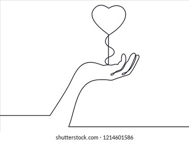 One continuous line drawing of hand holding heart.vector illustration