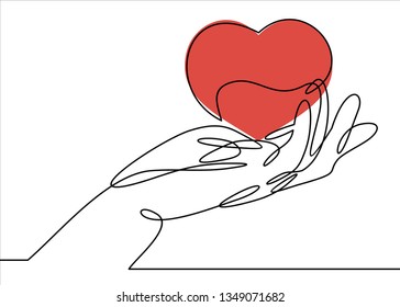 One continuous line drawing of hand holding heart. 